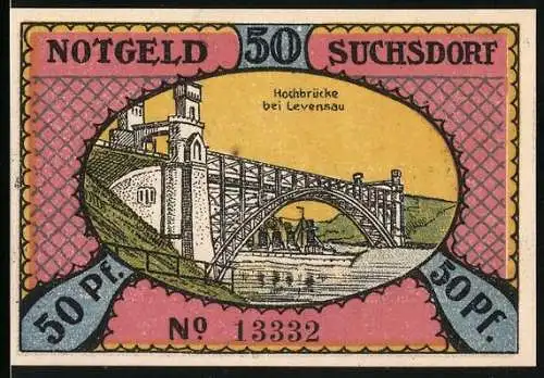 Notgeld Suchsdorf 1921, 50 Pfennig, Hochbrücke, Dänen rücken über die Schlagbrücke am Eiderkanal b. Annähern d. Preussen