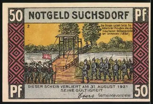 Notgeld Suchsdorf 1921, 50 Pfennig, Hochbrücke, Dänen rücken über die Schlagbrücke am Eiderkanal b. Annähern d. Preussen