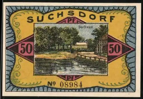 Notgeld Suchsdorf 1921, 50 Pfennig, Dorfteich, Nachdem die Dänen die Schlagbrücke passiert hatten, wurde sie hochgezogen