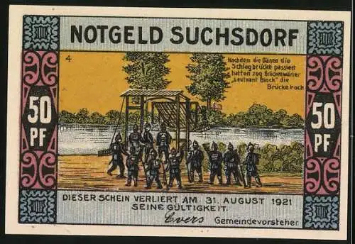 Notgeld Suchsdorf 1921, 50 Pfennig, Dorfteich, Nachdem die Dänen die Schlagbrücke passiert hatten, wurde sie hochgezogen