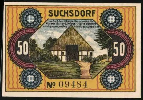 Notgeld Suchsdorf 1921, 50 Pfennig, Ältestes Haus im Dorf, Dänen rücken b. Annähern d. Preussen über d. Eiderkanal-Brücke