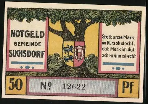 Notgeld Suchsdorf 1921, 50 Pfennig, Dänen rücken beim Annähern der Preussen über die Eiderbrücke, Wappen an einer Eiche