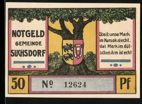 Notgeld Suchsdorf 1921, 50 Pfennig, Wappen an einer Eiche, Dänen rücken beim Annähern der Preussen über die Eiderbrücke