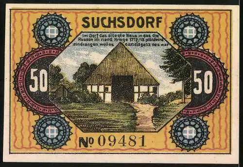 Notgeld Suchsdorf 1921, 50 Pfennig, Dänen rücken b. Annähern d. Preussen über d. Eiderkanal-Brücke, Ältestes Haus im Dorf