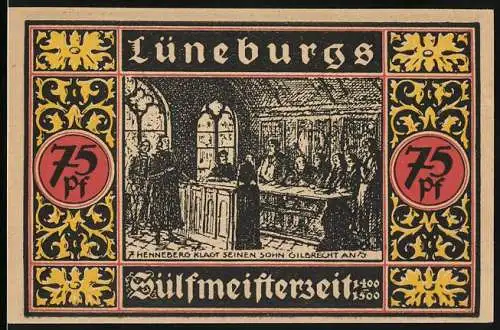 Notgeld Lüneburg 1921, 75 Pfennig, Henneberg klagt seinen Sohn Gilbrecht an, Reste der alten Stadtmauer