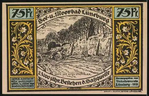Notgeld Lüneburg 1921, 75 Pfennig, Henneberg klagt seinen Sohn Gilbrecht an, Reste der alten Stadtmauer
