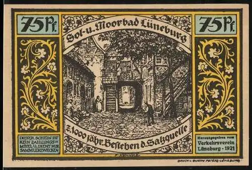 Notgeld Lüneburg 1921, 75 Pfennig, Henneberg verlangt v. Herzog d. feierl. Bestätigung d. alten Privilegien, Roter Hahn