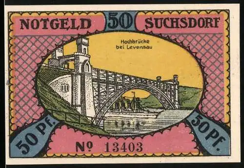 Notgeld Suchsdorf 1921, 50 Pfennig, Hochbrücke, Dänen rücken über die Schlagbrücke am Eiderkanal b. Annähern d. Preussen