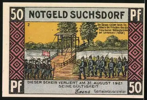 Notgeld Suchsdorf 1921, 50 Pfennig, Hochbrücke, Dänen rücken über die Schlagbrücke am Eiderkanal b. Annähern d. Preussen