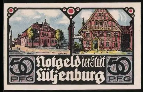 Notgeld Lütjenburg 1921, 50 Pfennig, zwei Gebäude des Dorfes und Kirche