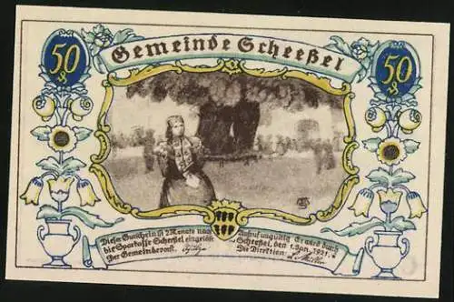 Notgeld Scheessel 1921, 50 Pfennig, Bauer hinterm Pferdepflug, Frau in Tracht