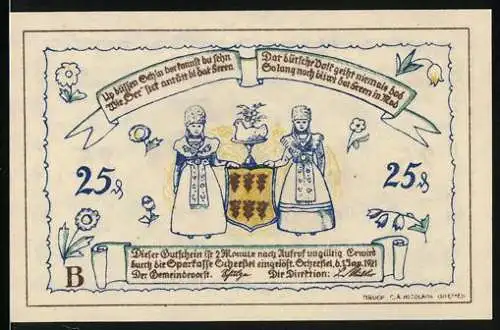 Notgeld Scheessel 1921, 50 Pfennig, Frauen in Tracht mit Wappen, Ortsblick
