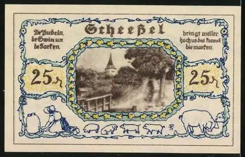 Notgeld Scheessel 1921, 50 Pfennig, Frauen in Tracht mit Wappen, Ortsblick