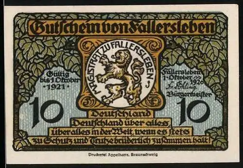 Notgeld Fallersleben 1920, 10 Pfennig, Portrait und Denkmal des Dichters