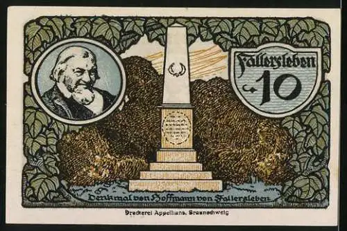 Notgeld Fallersleben 1920, 10 Pfennig, Portrait und Denkmal des Dichters