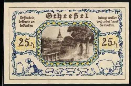 Notgeld Scheessel 1921, 50 Pfennig, Ortsblick, Frauen in Tracht mit Wappen