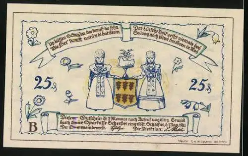 Notgeld Scheessel 1921, 50 Pfennig, Ortsblick, Frauen in Tracht mit Wappen