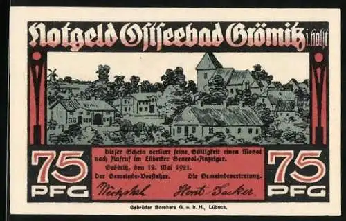 Notgeld Grömitz in Holst. 1921, 75 Pfennig, Ortsansicht und Strandleben