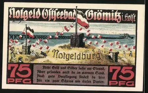 Notgeld Grömitz in Holst. 1921, 75 Pfennig, Ortsansicht und Strandleben