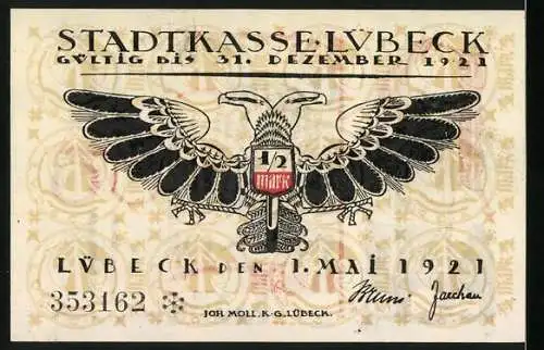 Notgeld Lübeck 1921, 50 Pfennig, Turm und Wappen