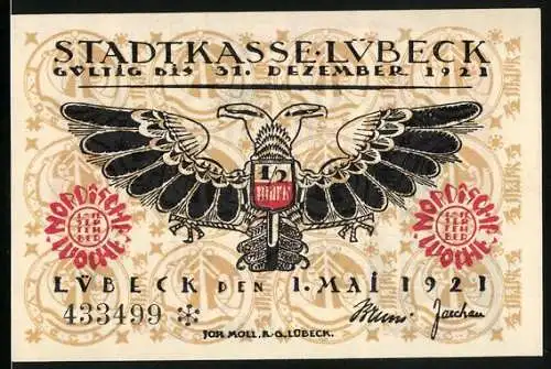Notgeld Lübeck 1921, 50 Pfennig, Turm und Wappen