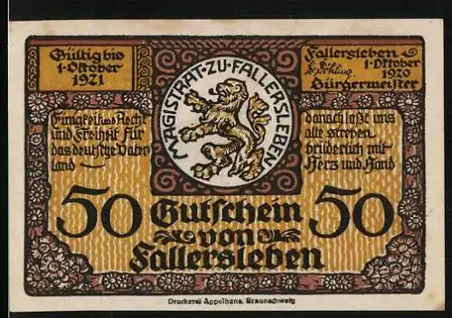 Notgeld Fallersleben 1920, 50 Pfennig, Wappen und Geburtshaus des Dichters