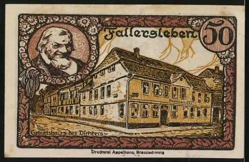 Notgeld Fallersleben 1920, 50 Pfennig, Wappen und Geburtshaus des Dichters