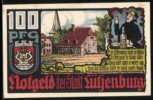 Notgeld Lütjenburg 1921, 100 Pfennig, Rathaus mit Wappen und Ortsansicht