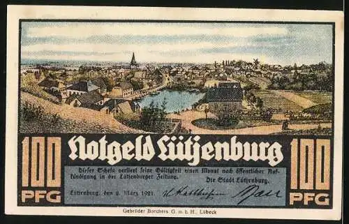 Notgeld Lütjenburg 1921, 100 Pfennig, Rathaus mit Wappen und Ortsansicht