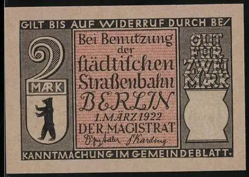 Notgeld Berlin 1922, 2 Mark, Wappen und Berliner Mietdroschke um 1830