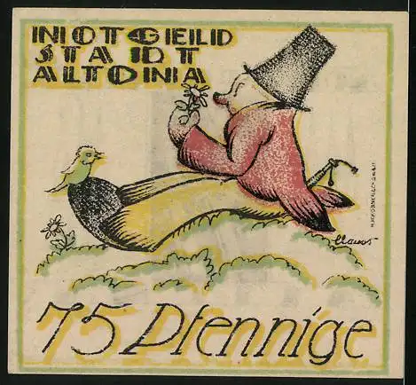 Notgeld Altona /Elbe 1921, 75 Pfennig, Mann mit Blume und Vogel