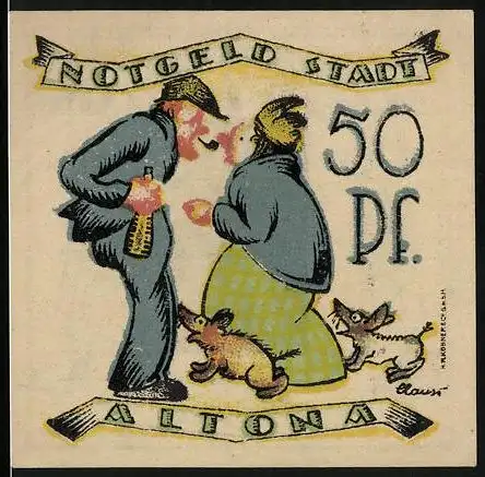 Notgeld Altona /Elbe 1921, 50 Pfennig, älteres Pärchen mit Hunden