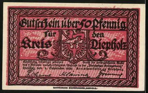 Notgeld Diepholz 1920, 50 Pfennig, Schloss und Wappen