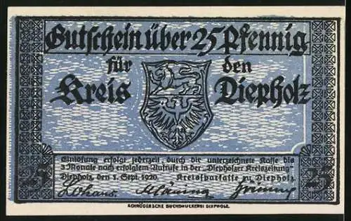 Notgeld Diepholz 1920, 25 Pfennig, Bauerngehöft und Wappen