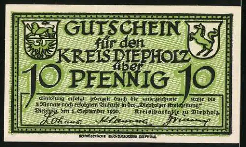 Notgeld Diepholz 1920, 10 Pfennig, Gänse und Wappen