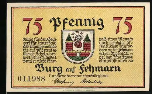 Notgeld Burg auf Fehmarn, 75 Pfennig, Wappen und hist. Szene anno 1420
