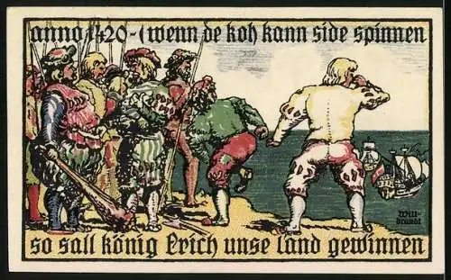 Notgeld Burg auf Fehmarn, 75 Pfennig, Wappen und hist. Szene anno 1420
