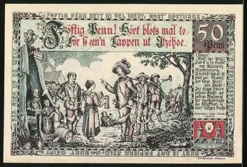 Notgeld Itzehoe 1920, 50 Pfennig, Begrüssung der Jäger im Dorf