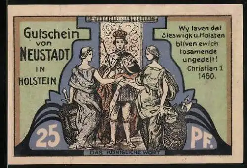 Notgeld Neustadt in Holstein 1921, 25 Pfennig, Das königliche Wort und Händedruck mit Wappen