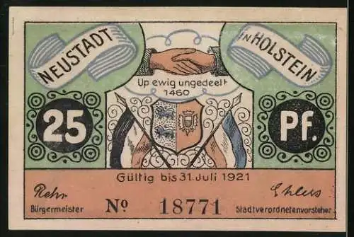 Notgeld Neustadt in Holstein 1921, 25 Pfennig, Das königliche Wort und Händedruck mit Wappen