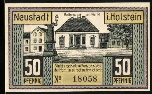 Notgeld Neustadt i. Holstein 1921, 50 Pfennig, Rathaus am Markt und Eisenbahn-Projekt