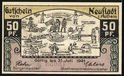 Notgeld Neustadt i. Holstein 1921, 50 Pfennig, Rathaus am Markt und Eisenbahn-Projekt