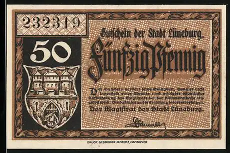 Notgeld Lüneburg, 50 Pfennig, Wappen und das Rathaus