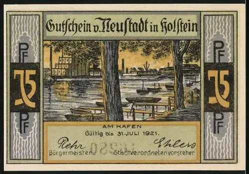 Notgeld Neustadt i. Holstein 1921, 75 Pfennig, Die Burg mit Ziegenreiter, am Hafen