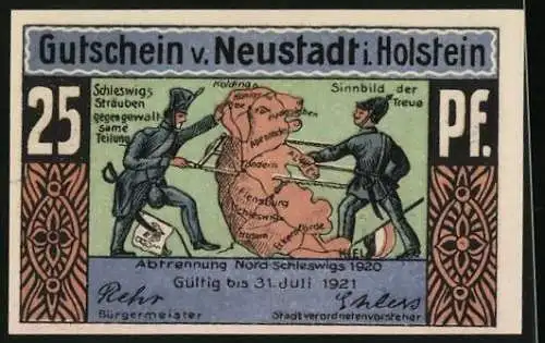 Notgeld Neustadt in Holstein 1921, 25 Pfennig, Jungfernstieg, Abtrennung Nord Schleswigs 1920