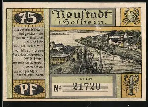 Notgeld Neustadt i. Holstein 1921, 75 Pfennig, Hafen, das politische Laboratorium