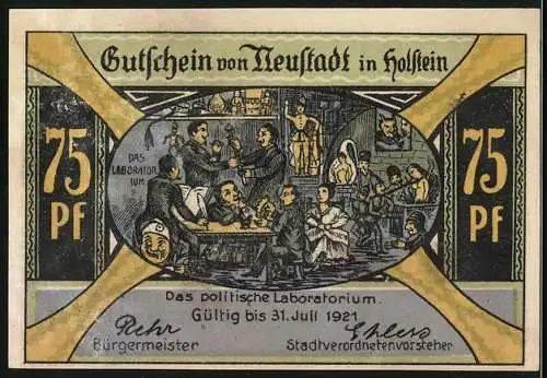 Notgeld Neustadt i. Holstein 1921, 75 Pfennig, Hafen, das politische Laboratorium
