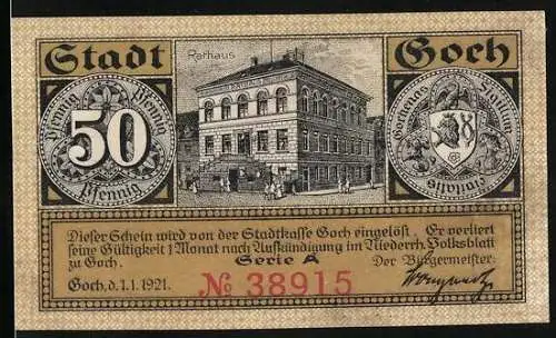 Notgeld Goch 1921, 50 Pfennig, Rathaus, Steintor und Haus Zu den fünf Ringen