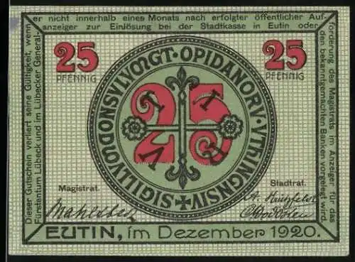 Notgeld Eutin 1920, 25 Pfennig, Wappen und Voss-Haus