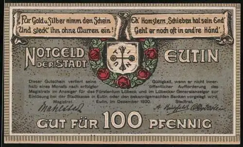 Notgeld Eutin 1920, 100 Pfennig, Wappen und Ortsansicht